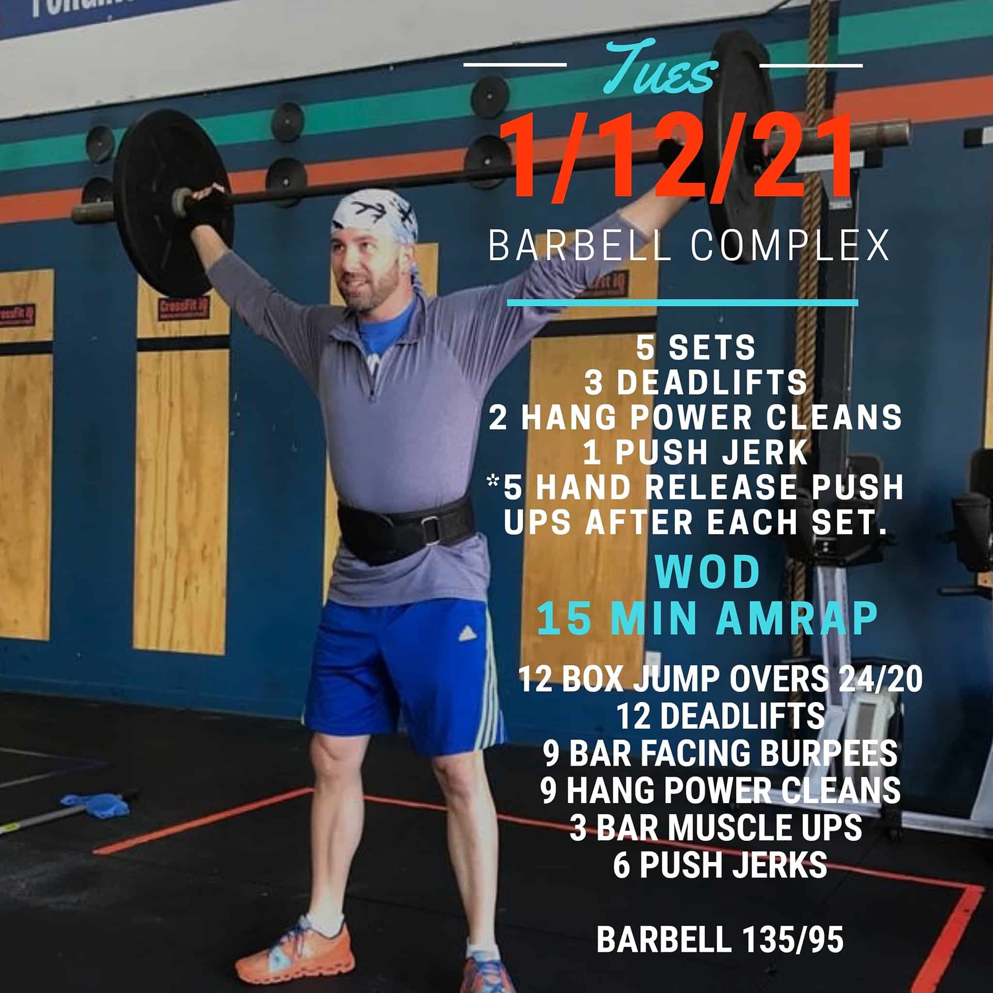 Tues. 01/12/21 Barbell Complex 5 Sets 3 Deadlifts 2 Hang Power Cleans